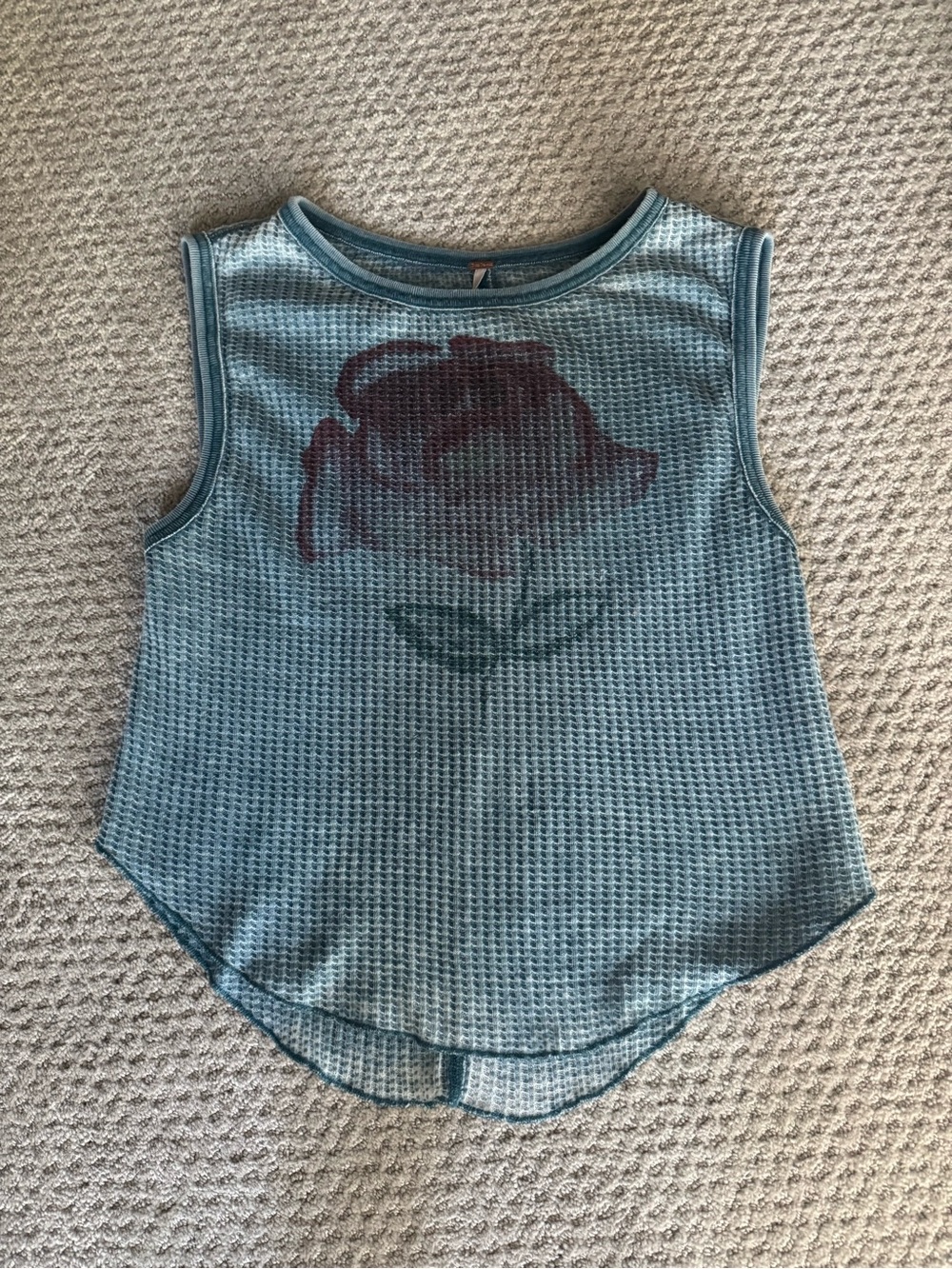 Free People Blue Waffle Knit Tank with Rose Graphic